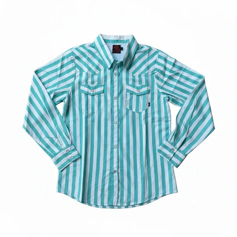 Boy's Toddler 2 Rowels Ranch Turquoise and White Long Sleeve Performance Snap Shirt
