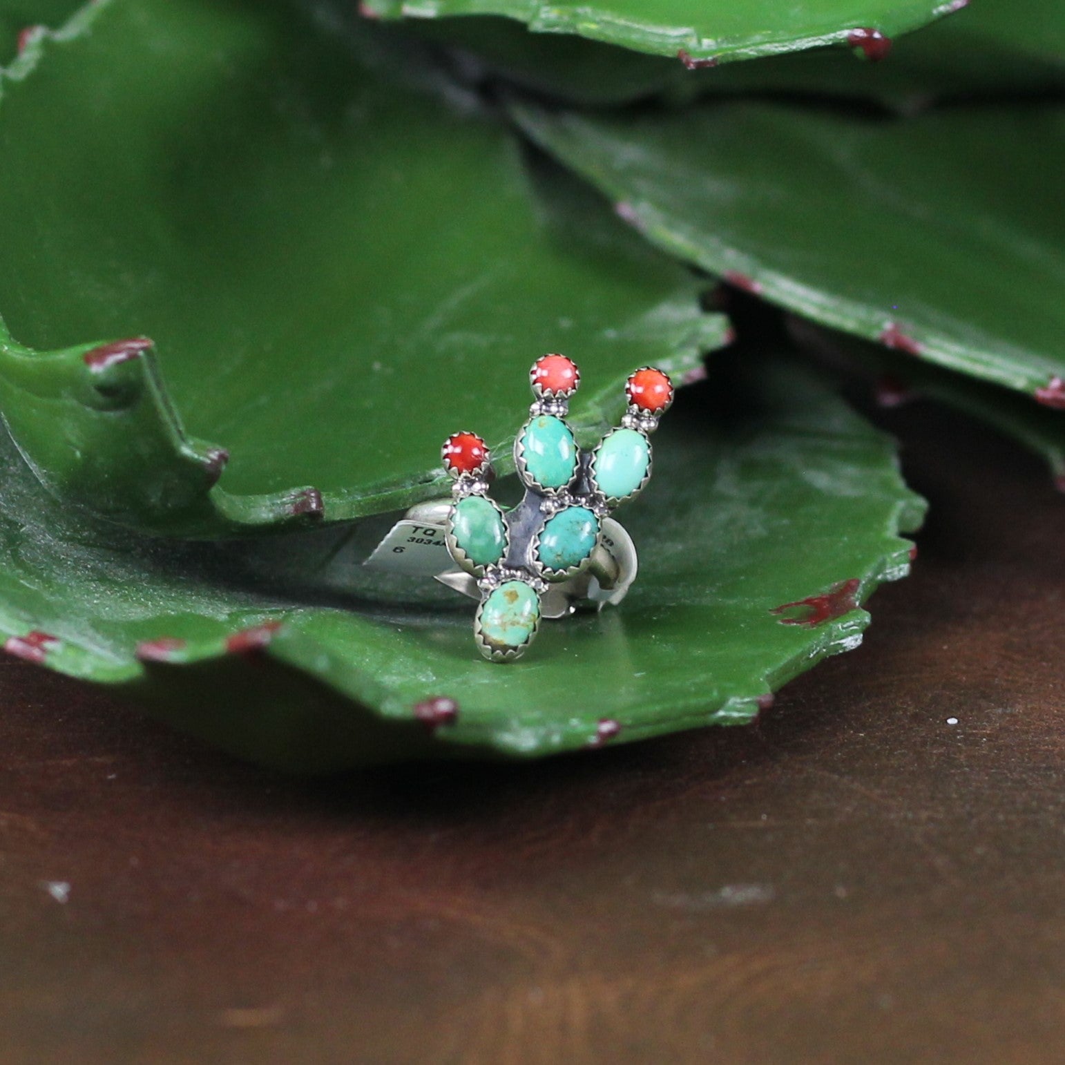 Women's Ted Secretaro Turquoise and Coral Cactus Ring - Crazy House Western Wear
