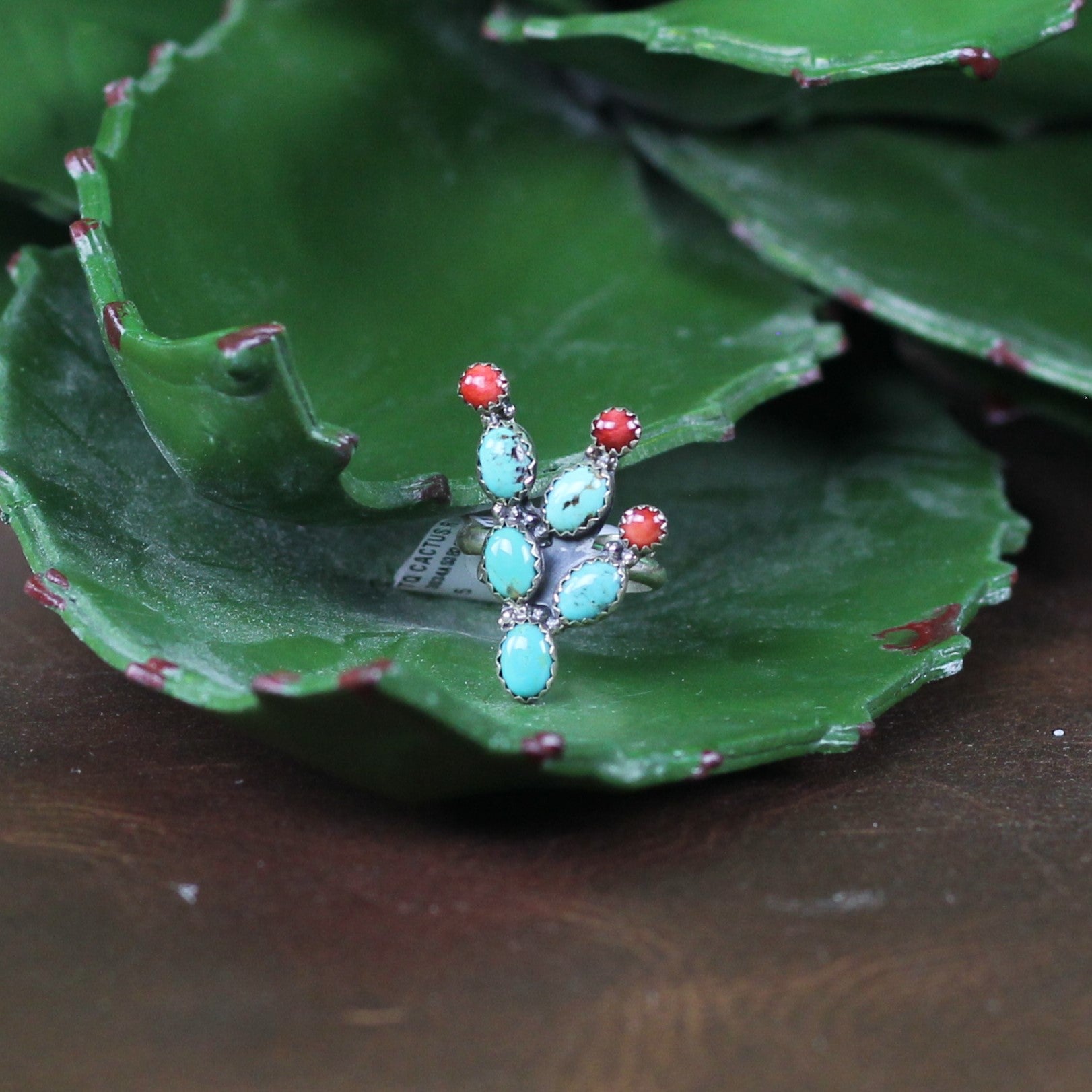 Women's Ted Secretaro Turquoise and Coral Cactus Ring - Crazy House Western Wear