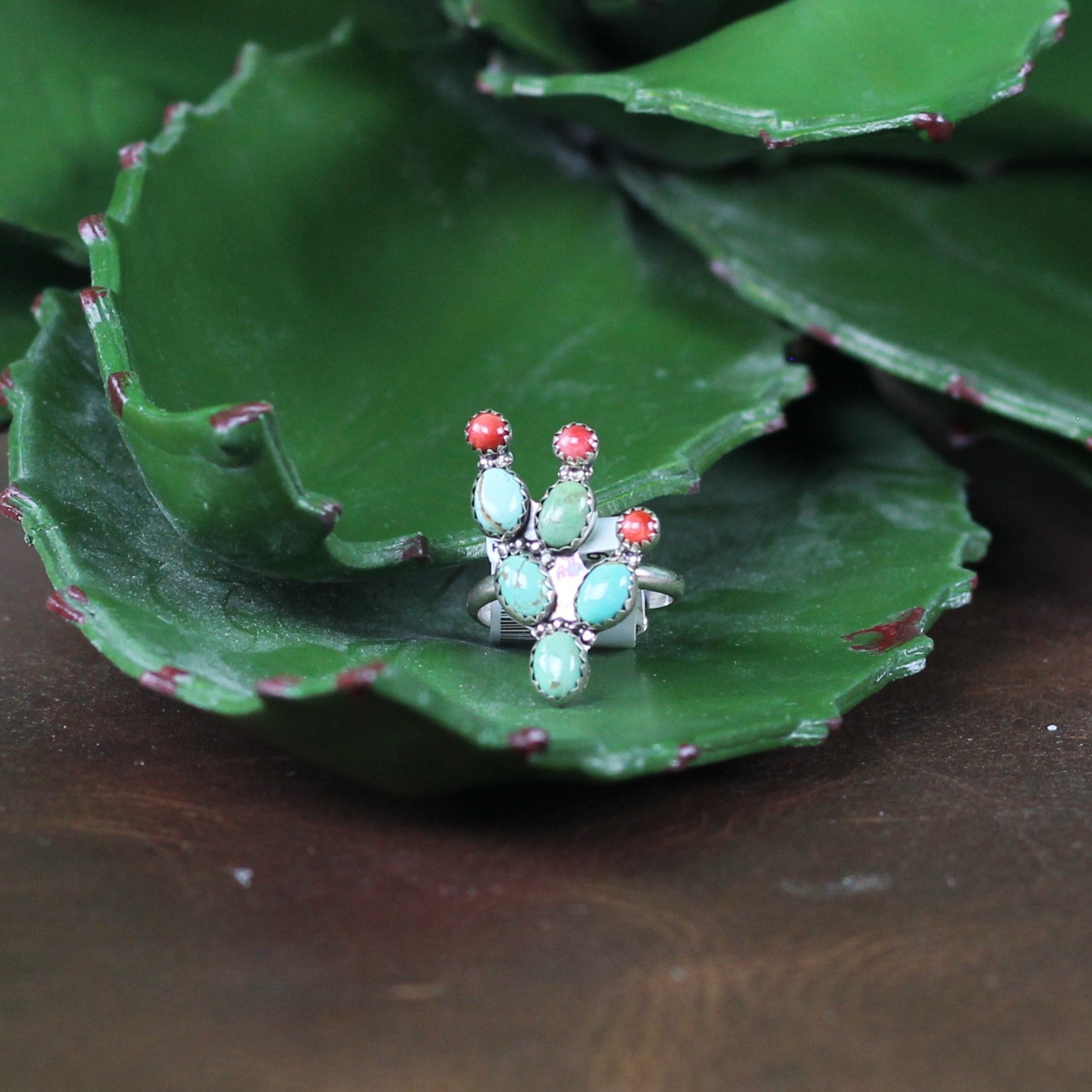 Women's Ted Secretaro Turquoise and Coral Cactus Ring - Crazy House Western Wear
