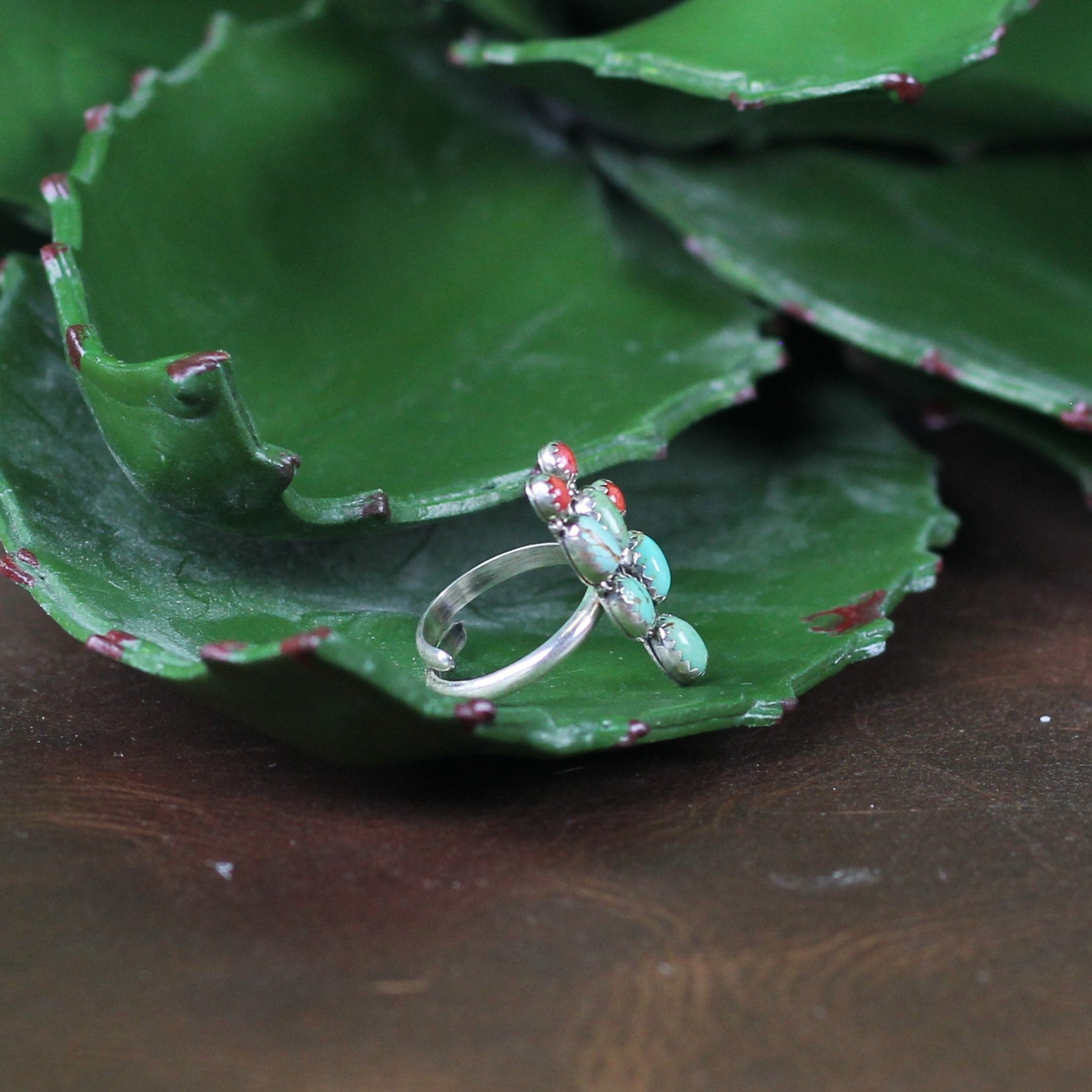 Women's Ted Secretaro Turquoise and Coral Cactus Ring - Crazy House Western Wear