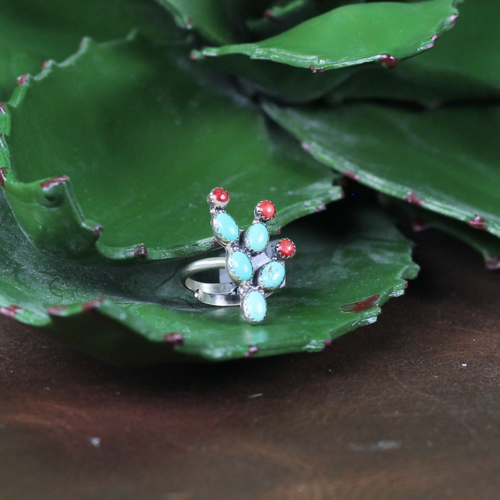 Women's Ted Secretaro Turquoise and Coral Cactus Ring - Crazy House Western Wear