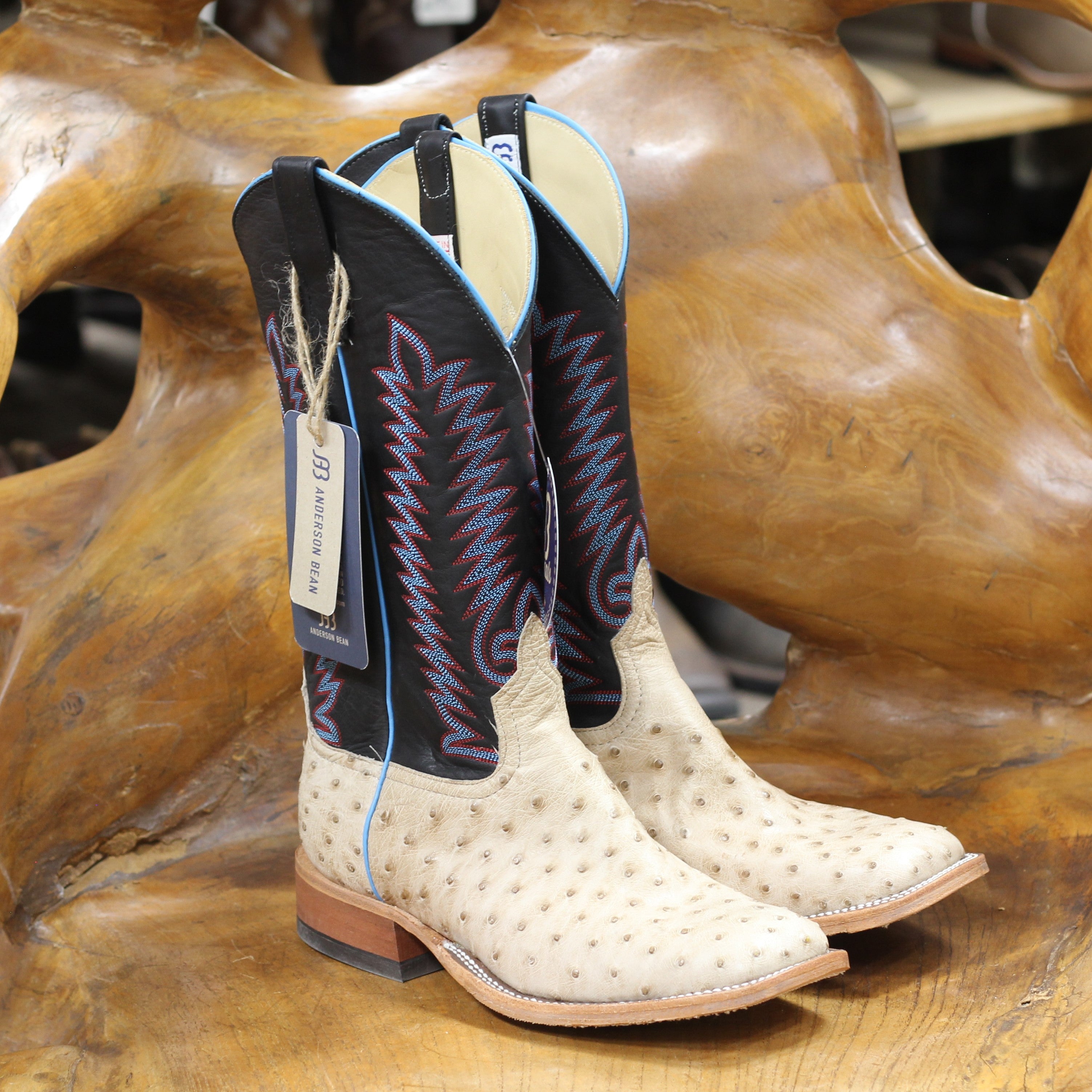 Anderson Bean Tan Vintage Full Quill Ostrich with 13" Black Aniline Top - Crazy House Western Wear