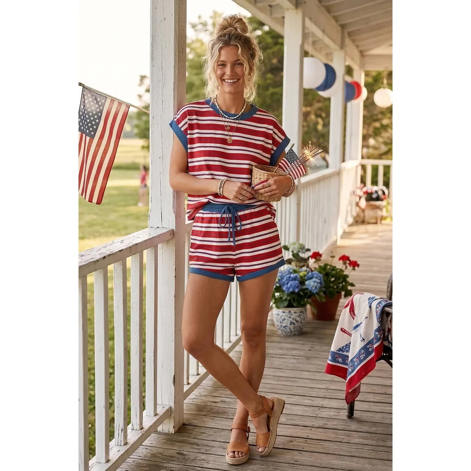Women's Red White and Blue Colorblock Striped Short and Shirt Set SNS2295
