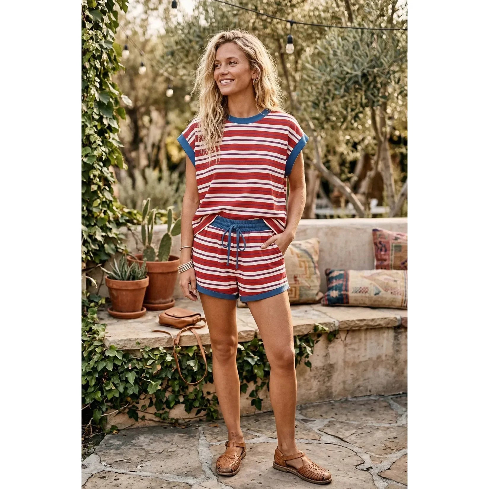 Women's Red White and Blue Colorblock Striped Short and Shirt Set SNS2295
