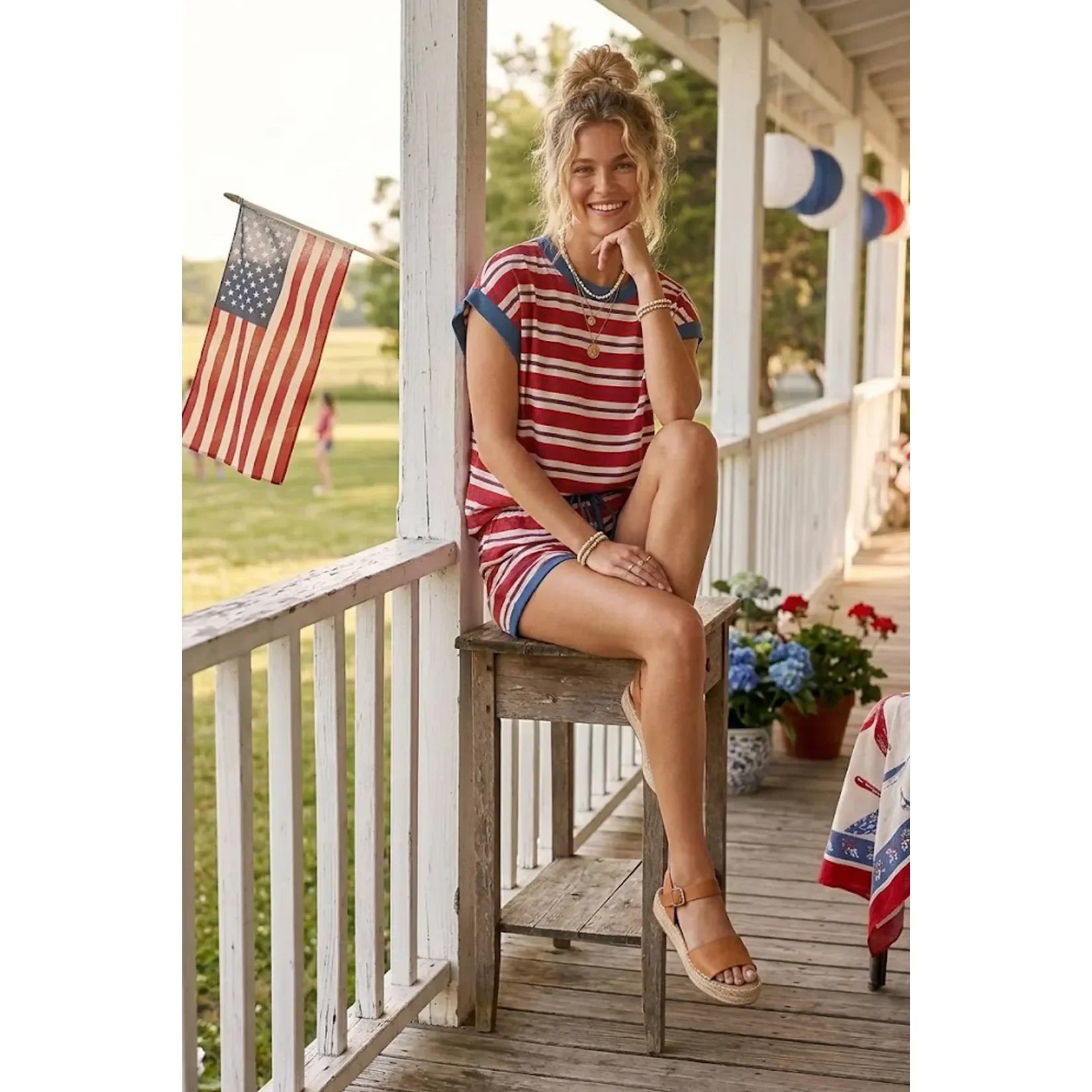 Women's Red White and Blue Colorblock Striped Short and Shirt Set SNS2295