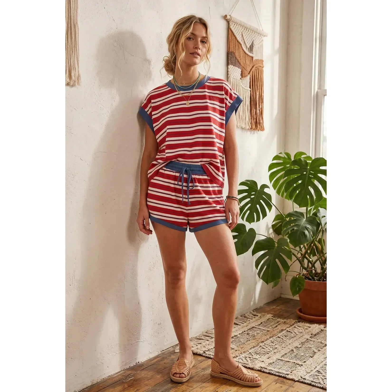 Women's Red White and Blue Colorblock Striped Short and Shirt Set SNS2295