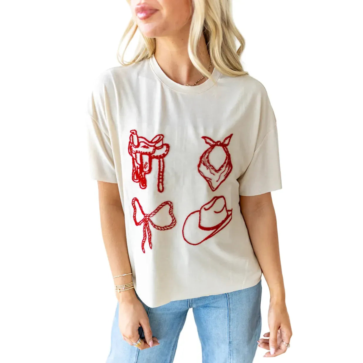 Women's Howdy Hanny Natural T-shirt with Red Stitching
