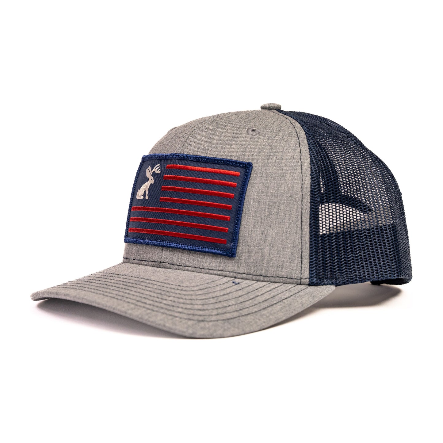 Grey and Navy Snapback with Jackelope and American Flag Patch
