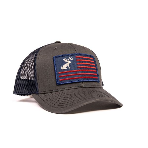 Charcoal and Navy Snapback with Jackelope Flag Patch - Crazy House Western Wear