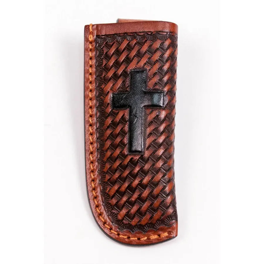 Cowboy Chrome Basket Weave and Cross Sheath Cognac Brown K206