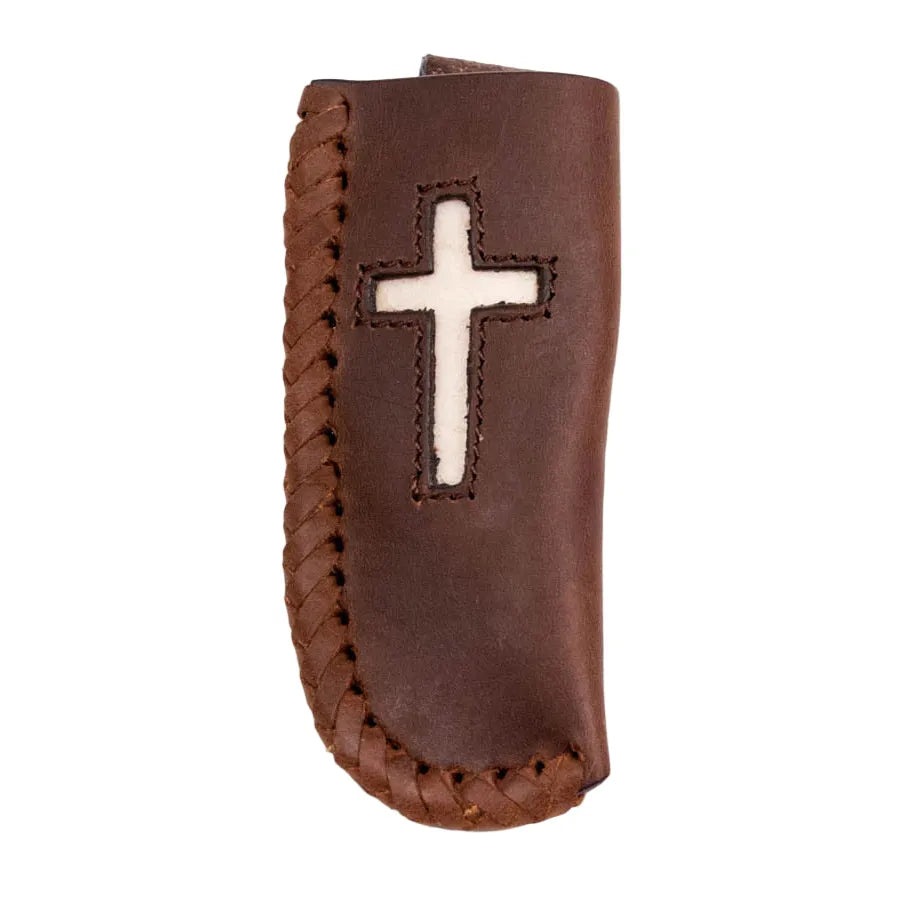 Cowboy Chrome Brown Rawhide Laced with Rawhide Cross Inlay K314