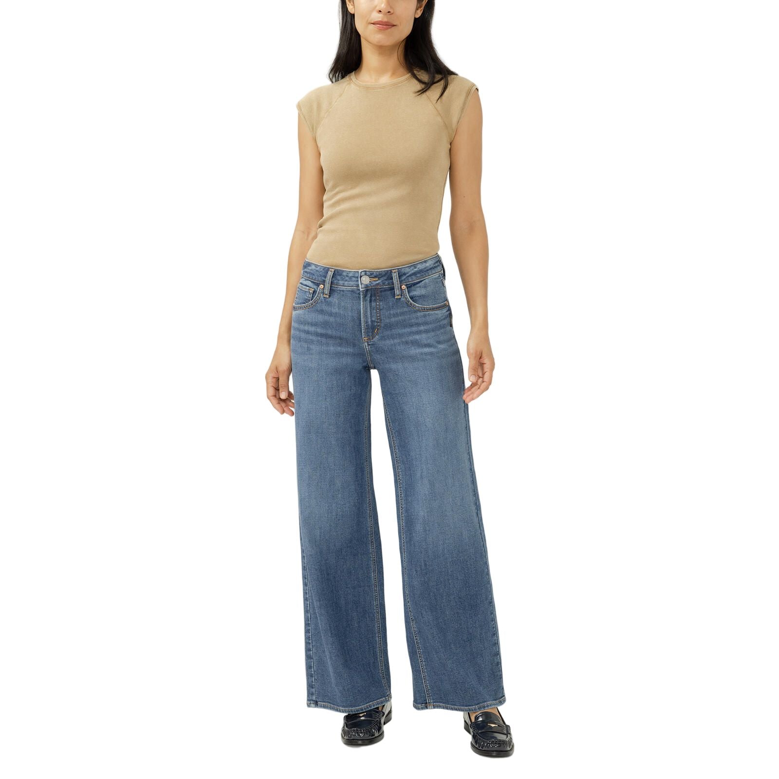 Women's Silver Suki Mid Rise Wide Leg Knit Flex Jeans L93905CKF326