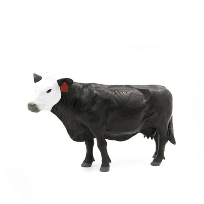Black cow toy with a white face on a white background