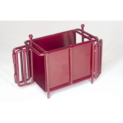 Red metal magazine rack on a white background