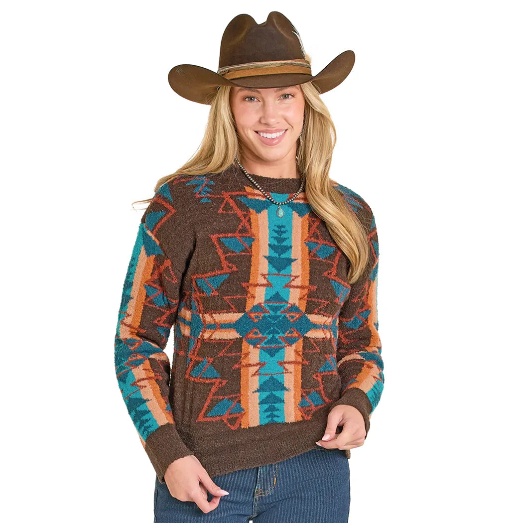 Women's Panhandle Slim Boucle Aztec Tapestry Sweater LW32T07926