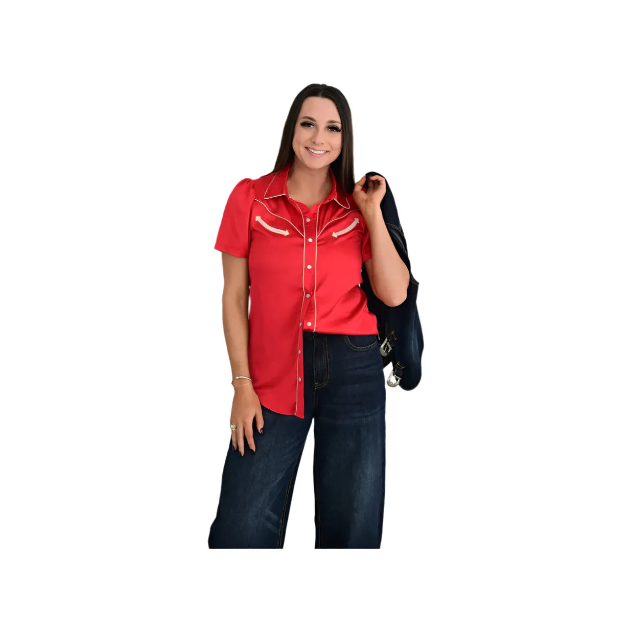 Women's Satin Pearl Snap Short Sleeve Shirt - Crazy House Western Wear