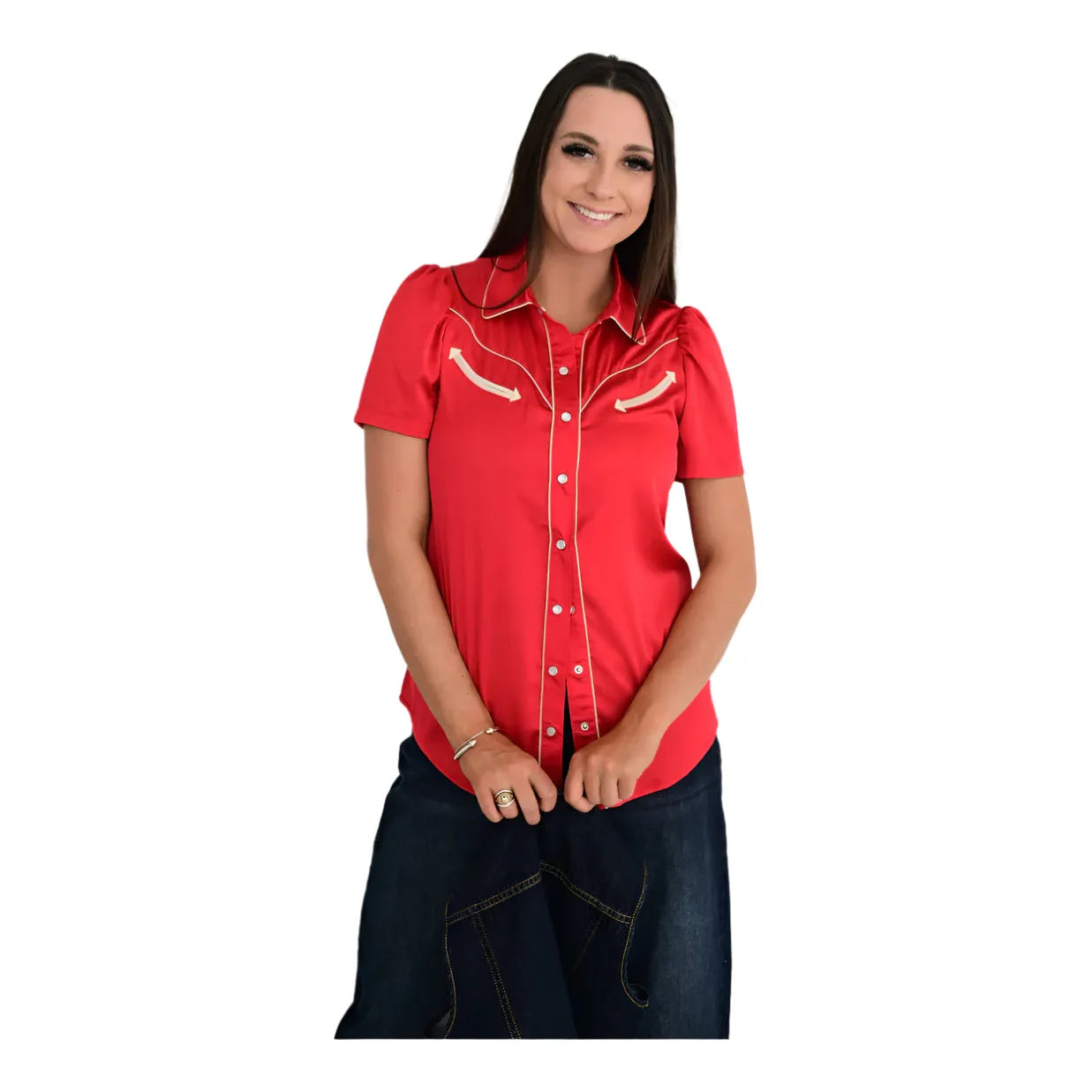 Women's Satin Pearl Snap Short Sleeve Shirt - Crazy House Western Wear