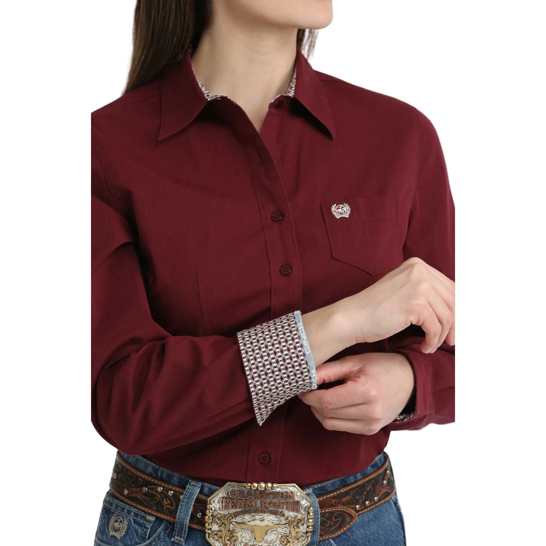 Women's Cinch Stripe Burgundy Button Down Shirt MSW9164262