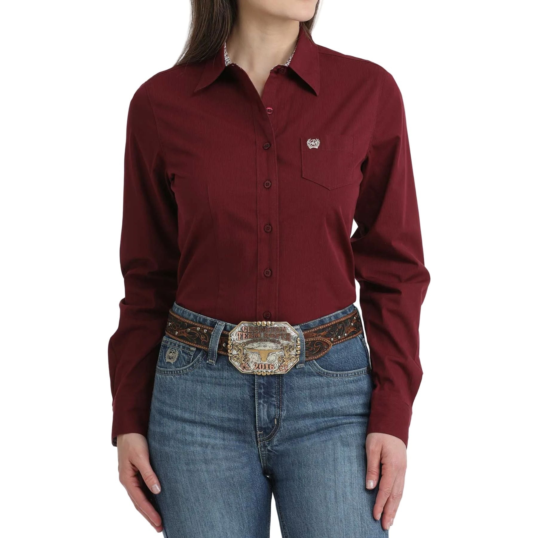 Women's Cinch Stripe Burgundy Button Down Shirt MSW9164262