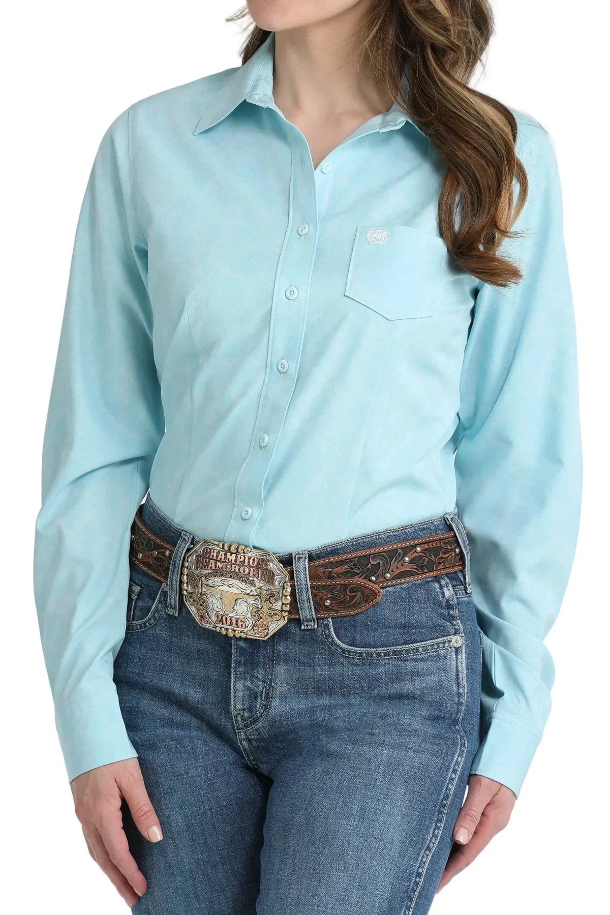 Women's Cinch Arenaflex Long Sleeve Light Blue Button Up Shirt MSW9164274