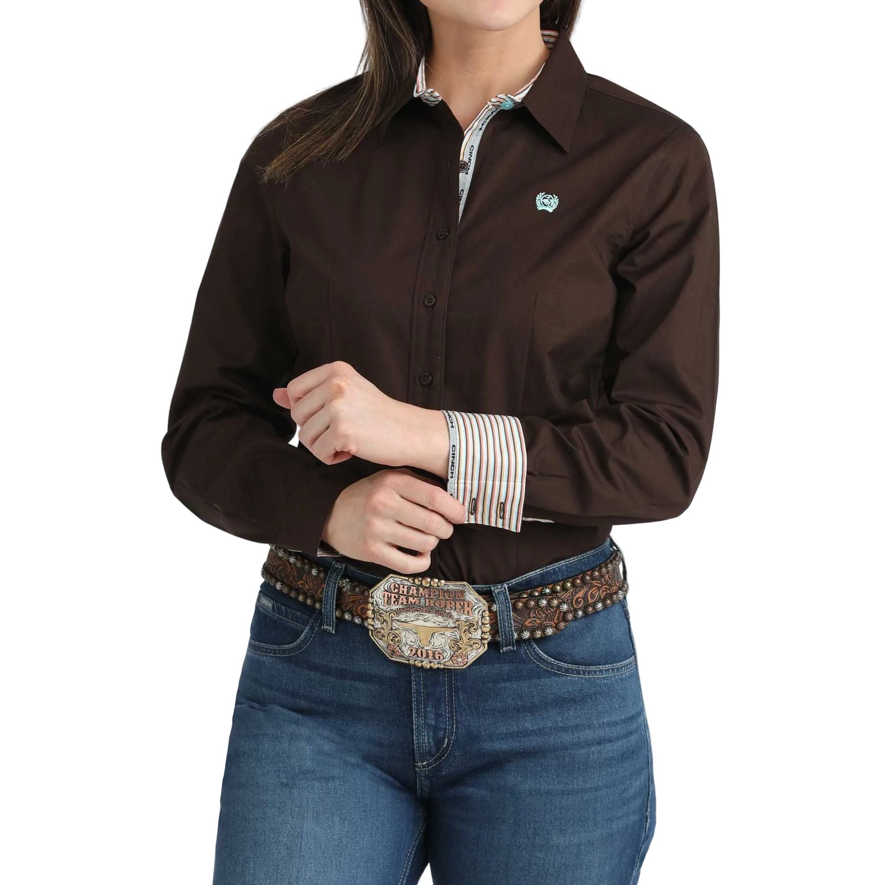 Women's Cinch Brown Button Down Long Sleeve Shirt MSW9165086