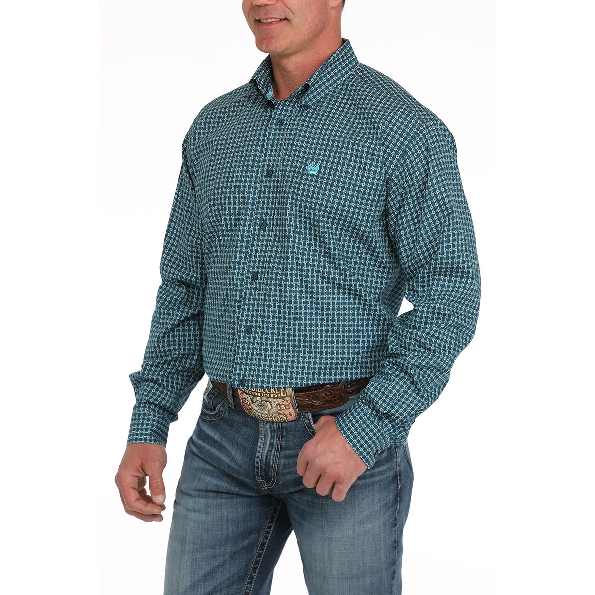 Men's Cinch Blue Geometric Blue Print Button Up Shirt MTW1105898