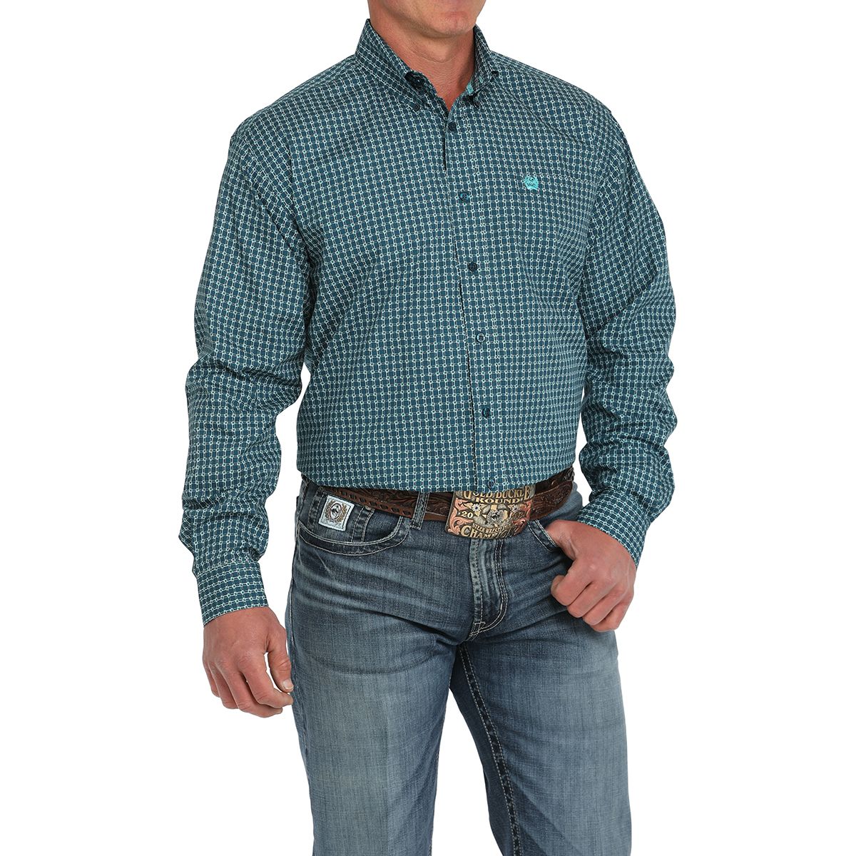 Men's Cinch Blue Geometric Blue Print Button Up Shirt MTW1105898
