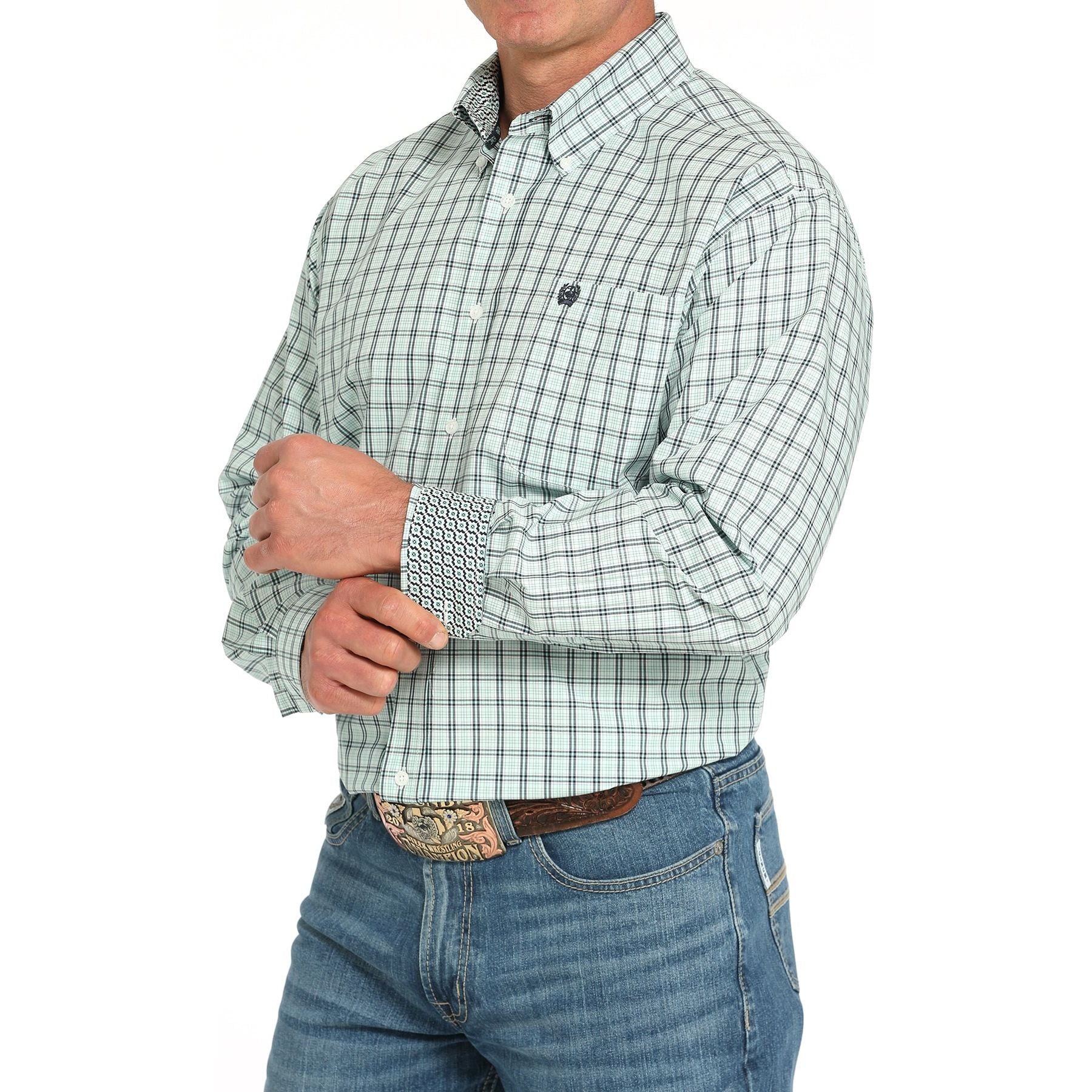 Men's Cinch Turquoise and Black Plaid Classic Fit Button Up Shirt MTW1105931 - Crazy House Western Wear