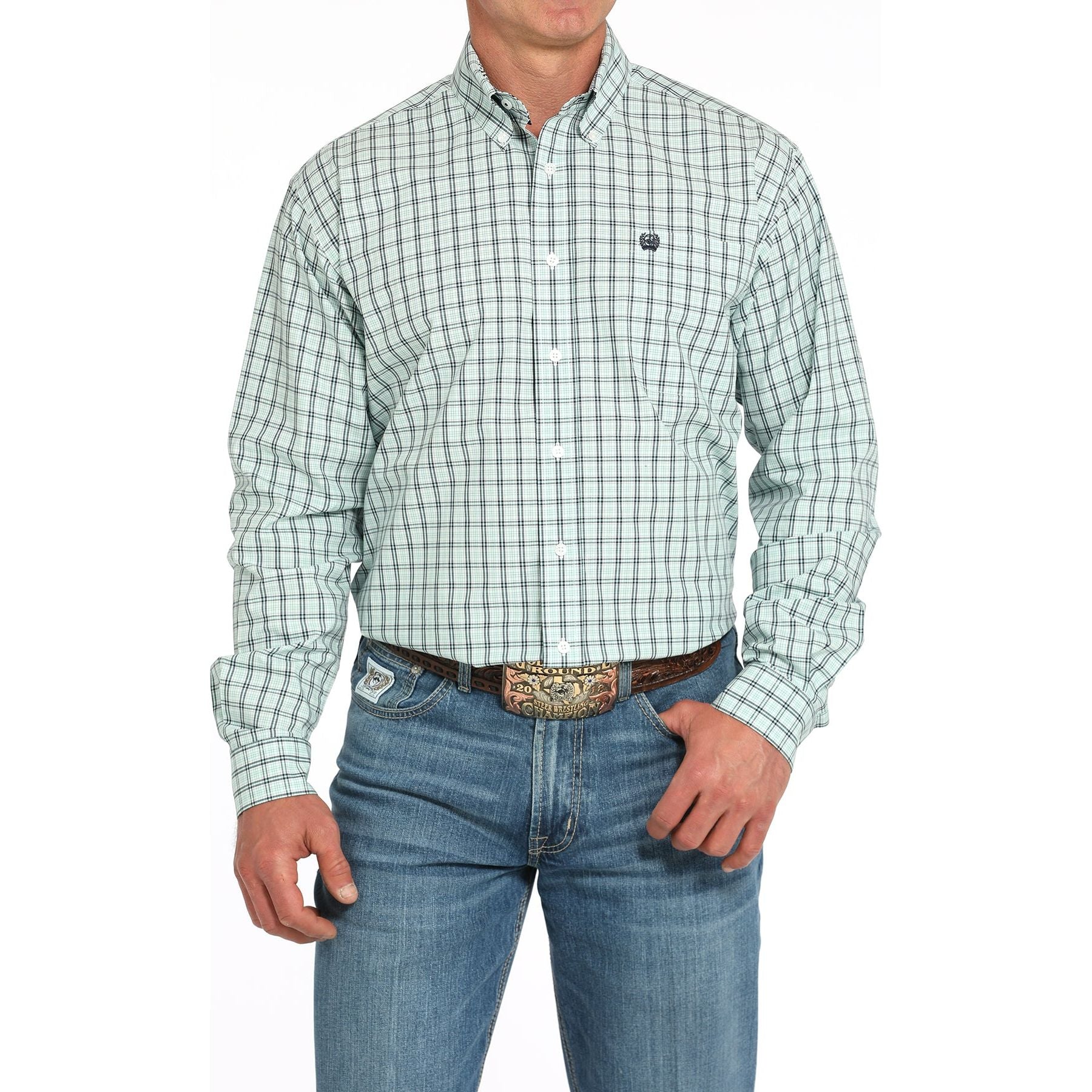 Men's Cinch Turquoise and Black Plaid Classic Fit Button Up Shirt MTW1105931 - Crazy House Western Wear