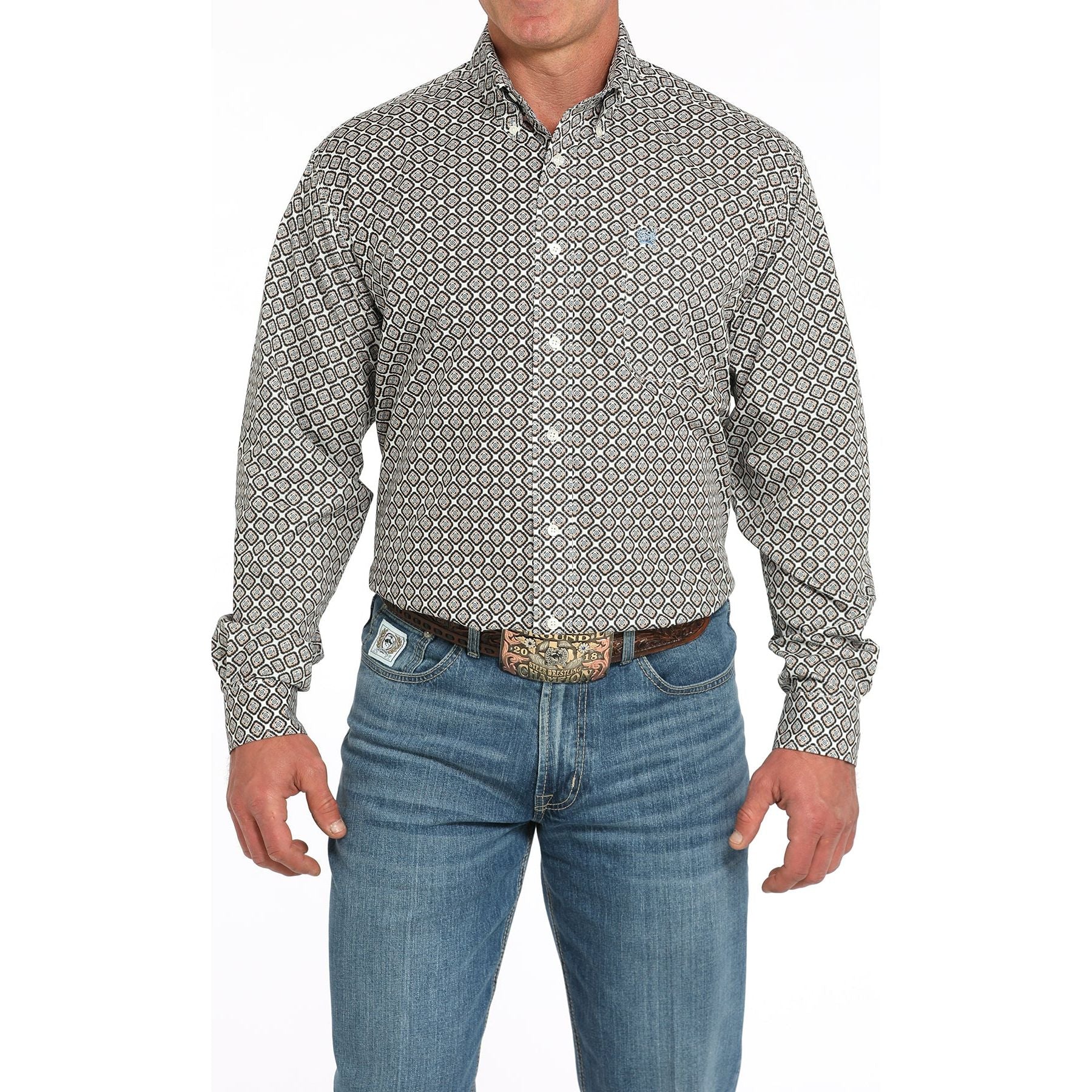 Men's Cinch Scalloped Diamond Long Sleeve Button Down Shirt MTW1105950-CRE - Crazy House Western Wear