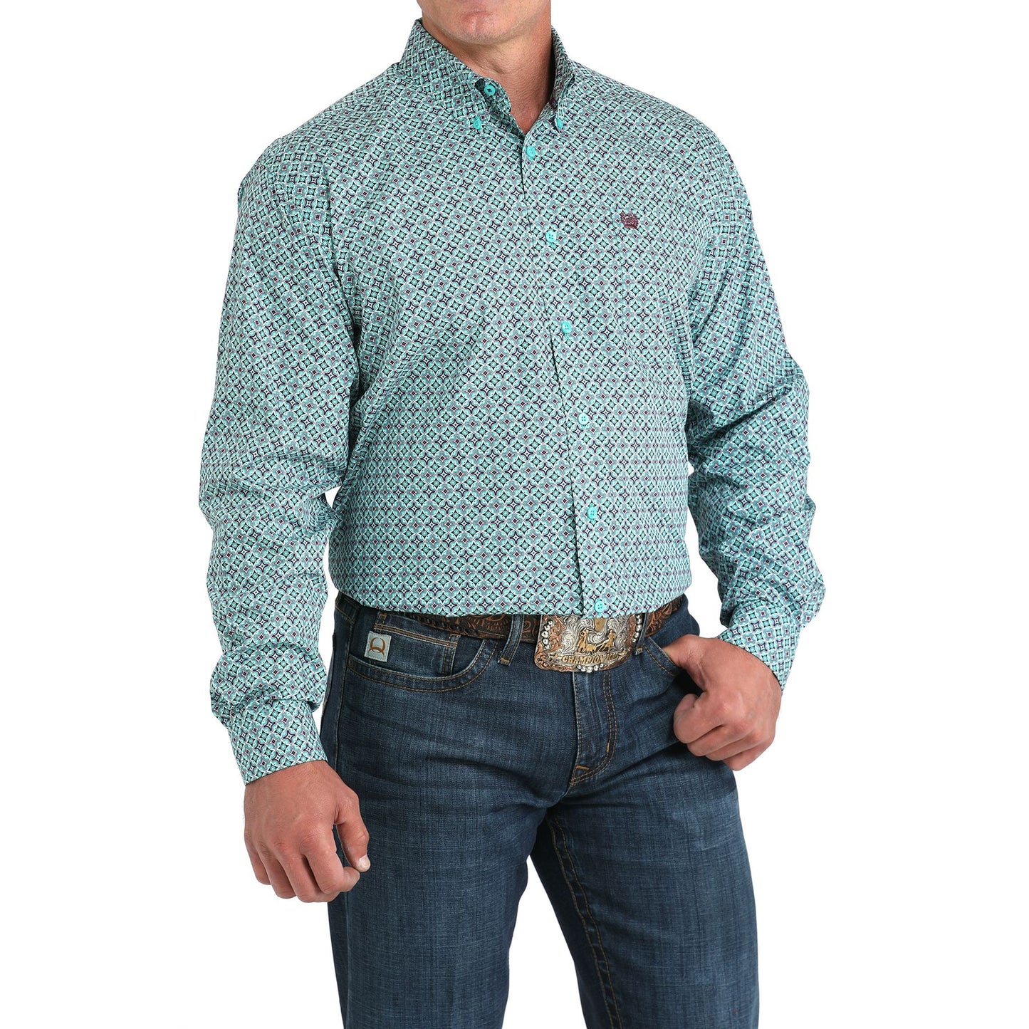 Men's Cinch Turquoise Tile Print Button Down Shirt MTW1105971