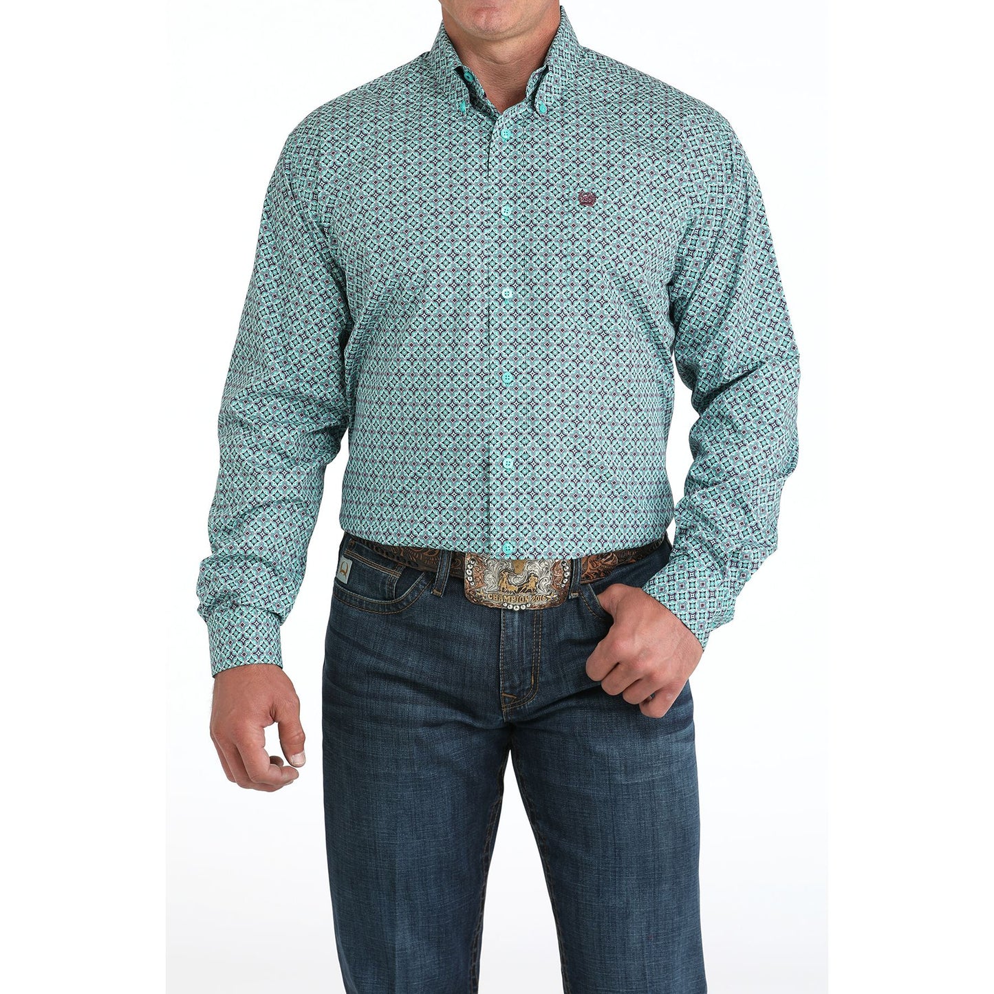 Men's Cinch Turquoise Tile Print Button Down Shirt MTW1105971