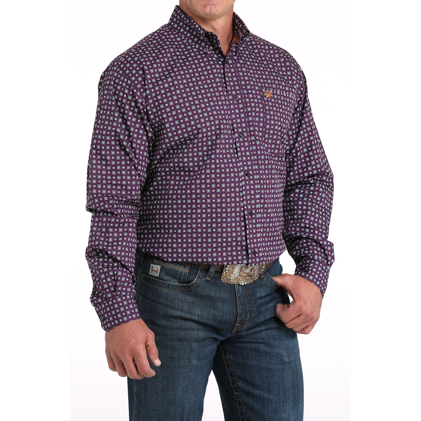 Men's Cinch Purple Geometric Print Long Sleeve Button Up MTW1105974