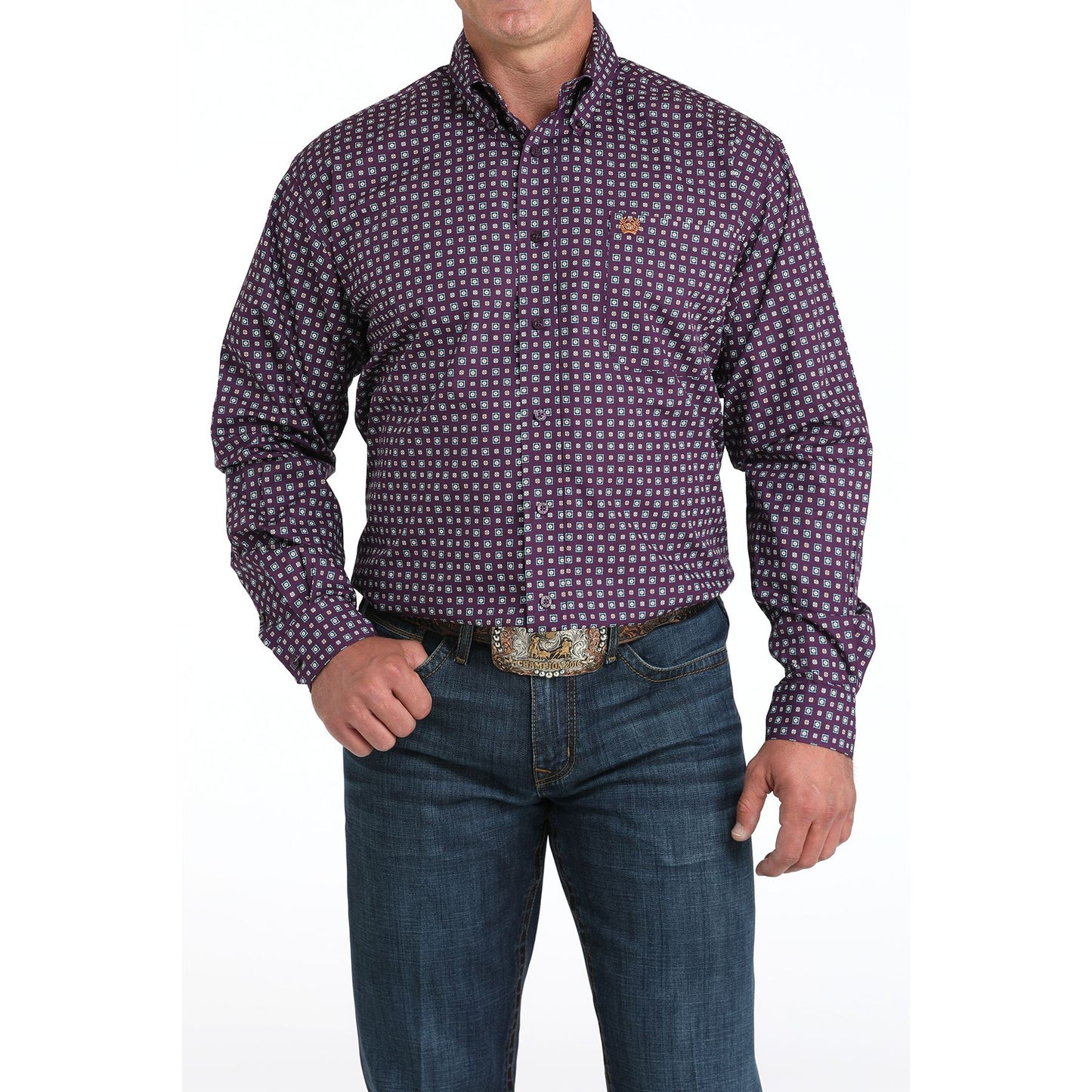 Men's Cinch Purple Geometric Print Long Sleeve Button Up MTW1105974