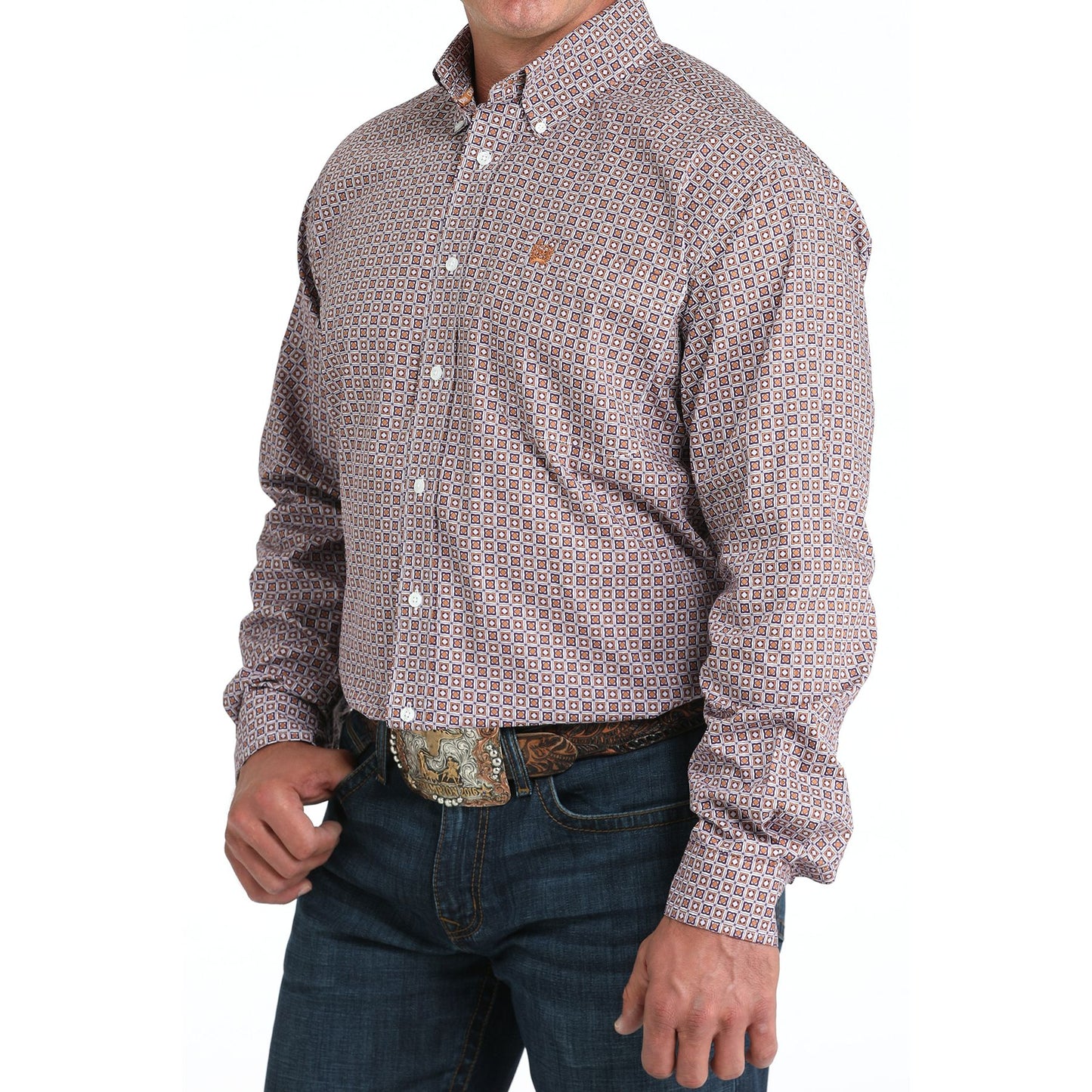 Men's Cinch Brown Geometric Print Long Sleeve Shirt MTW1105977