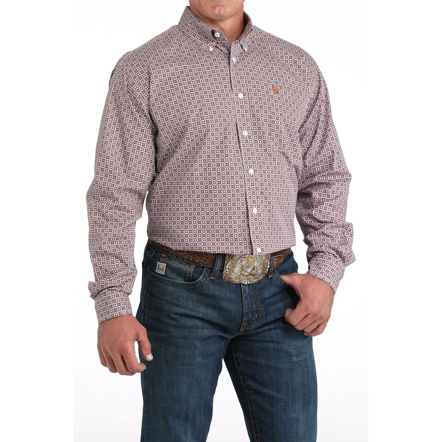 Men's Cinch Brown Geometric Print Long Sleeve Shirt MTW1105977