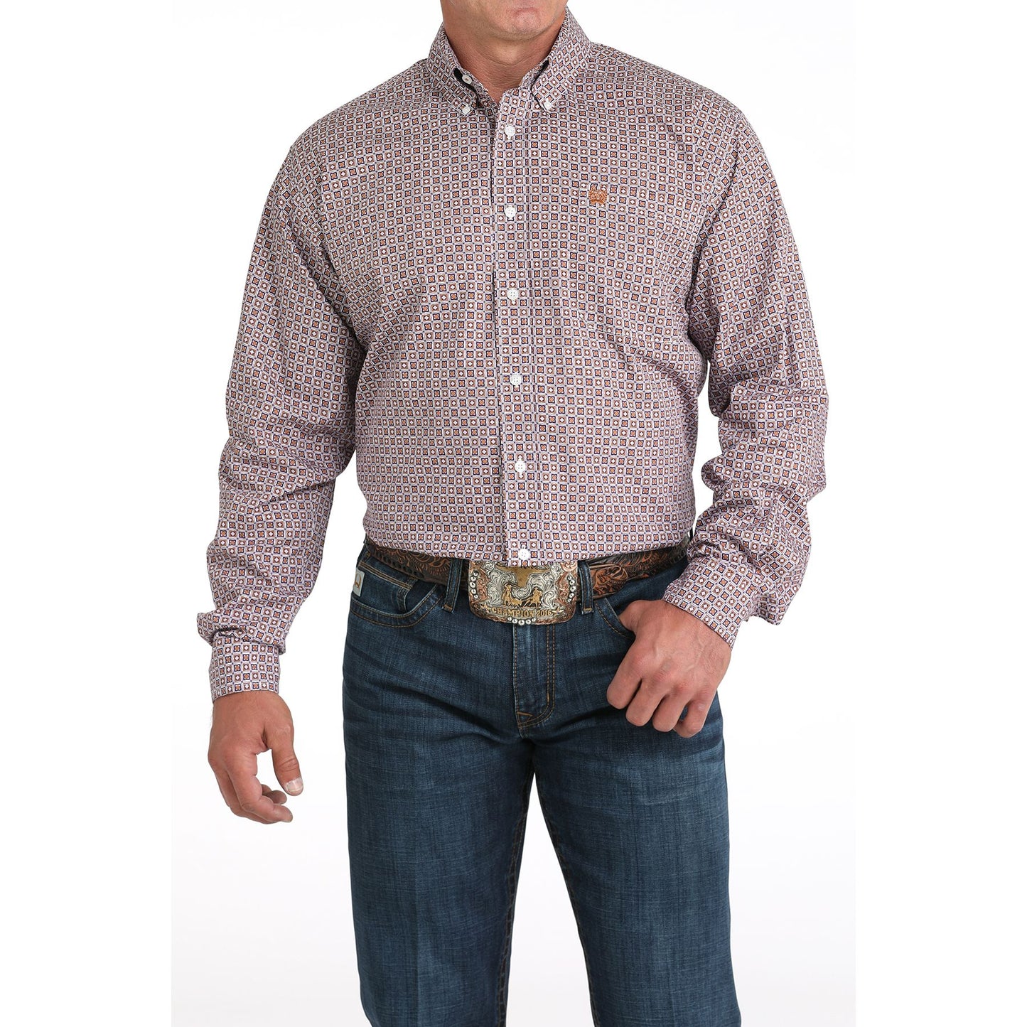 Men's Cinch Brown Geometric Print Long Sleeve Shirt MTW1105977