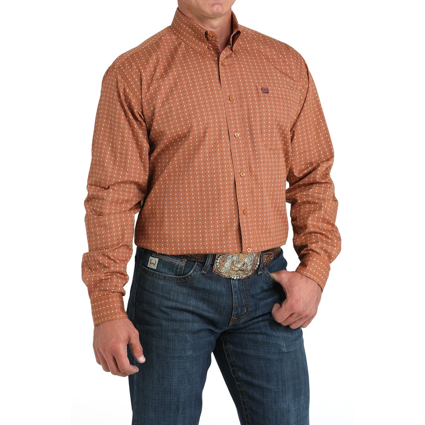 Men's Cinch Brown Geometric Print Long Sleeve Shirt MTW1105978