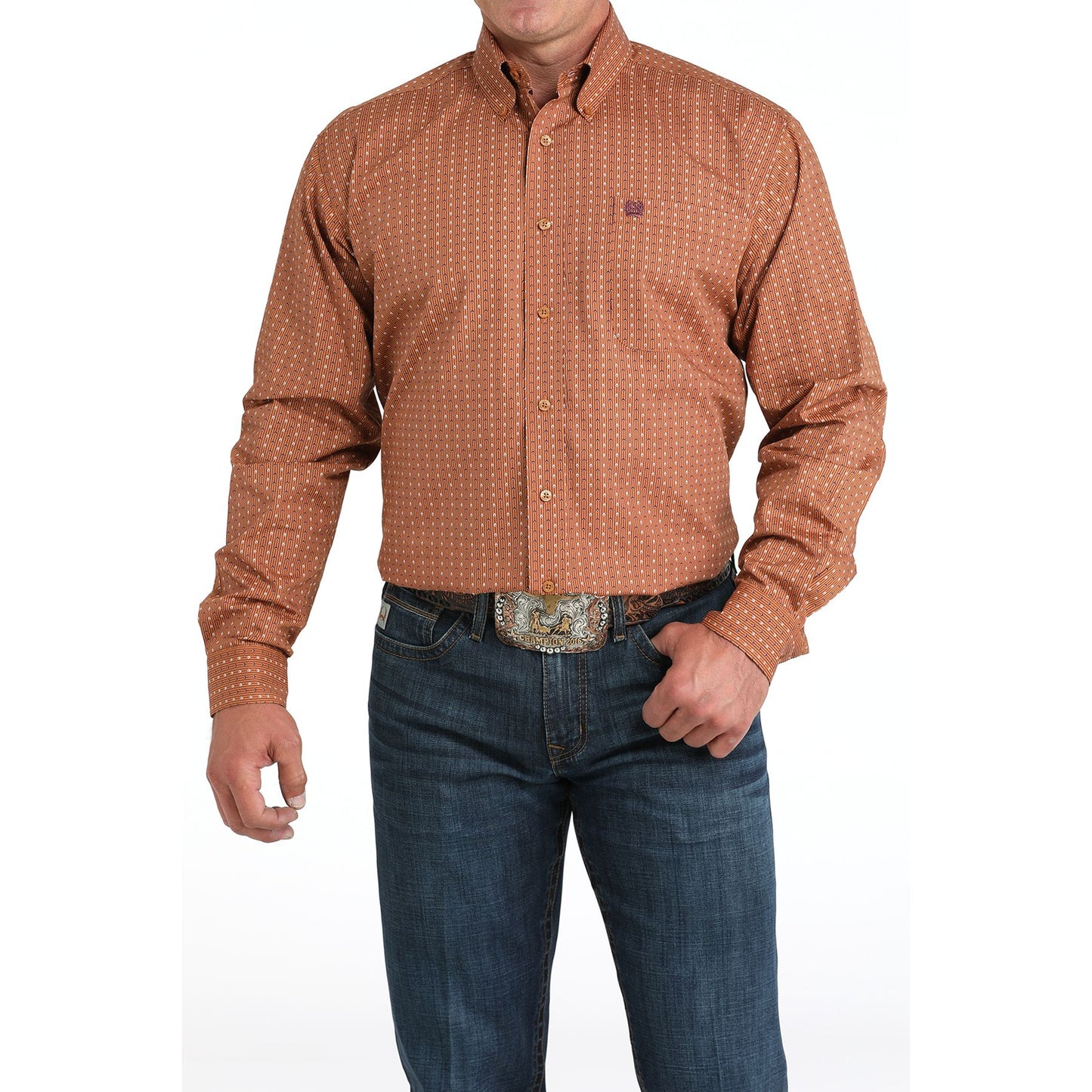 Men's Cinch Brown Geometric Print Long Sleeve Shirt MTW1105978