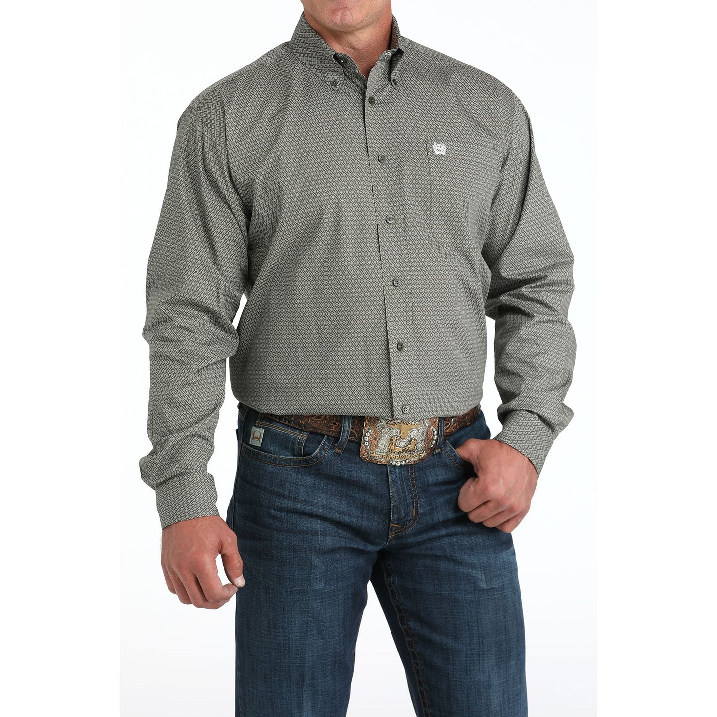 Men's Cinch Olive Diamond Print Long Sleeve Button Down MTW1105981