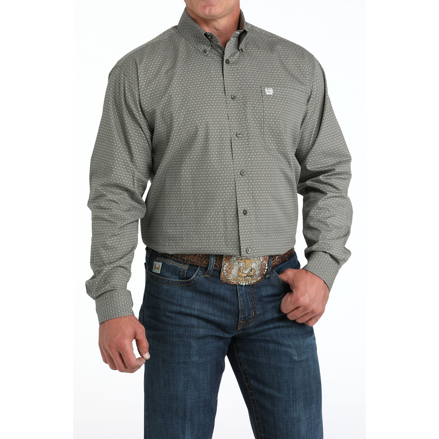 Men's Cinch Olive Diamond Print Long Sleeve Button Down MTW1105981