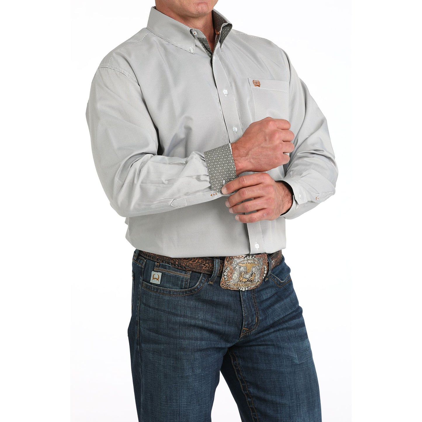 Men's Cinch Long Sleeve Striped Olive Button Down Shirt MTW1105982
