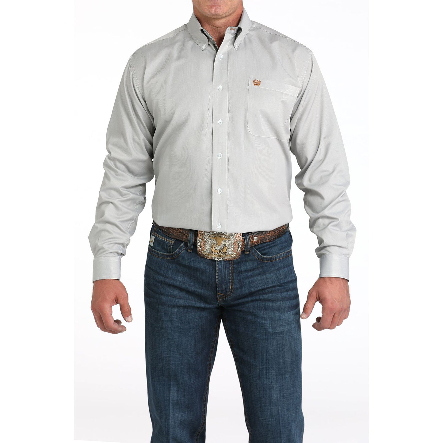 Men's Cinch Long Sleeve Striped Olive Button Down Shirt MTW1105982