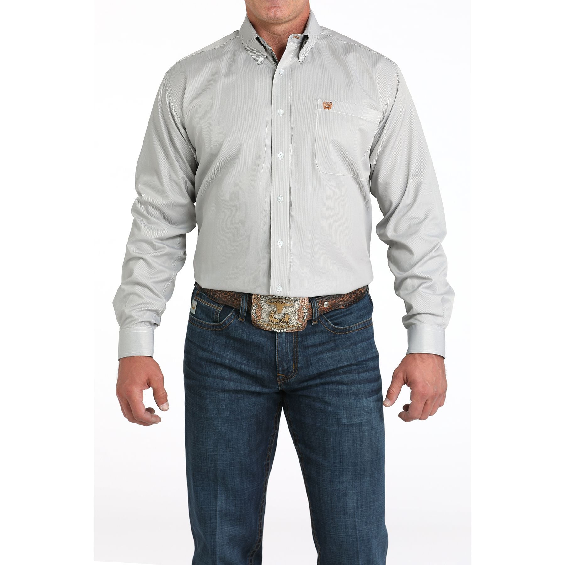 Men's Cinch Long Sleeve Striped Olive Button Down Shirt MTW1105982