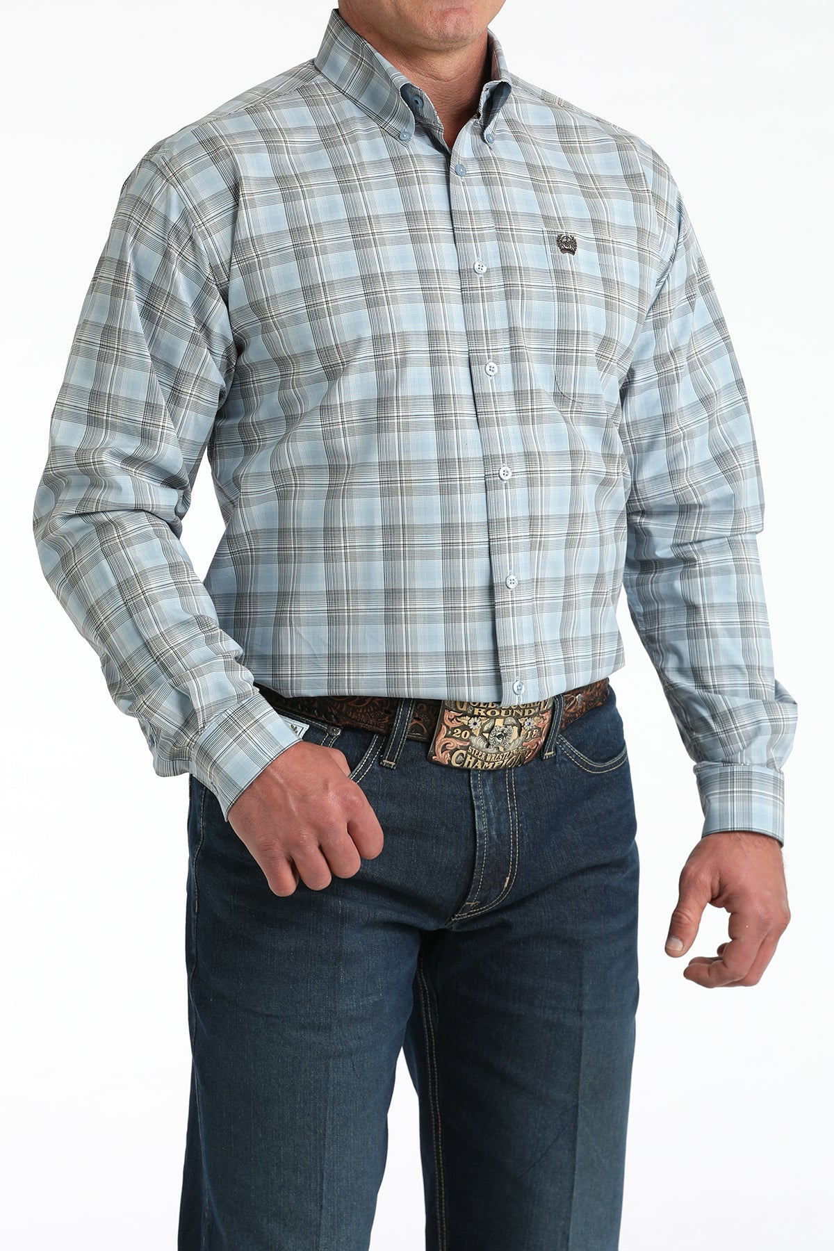 Men's Cinch Light Blue Plaid Long Sleeve Shirt MTW1106000