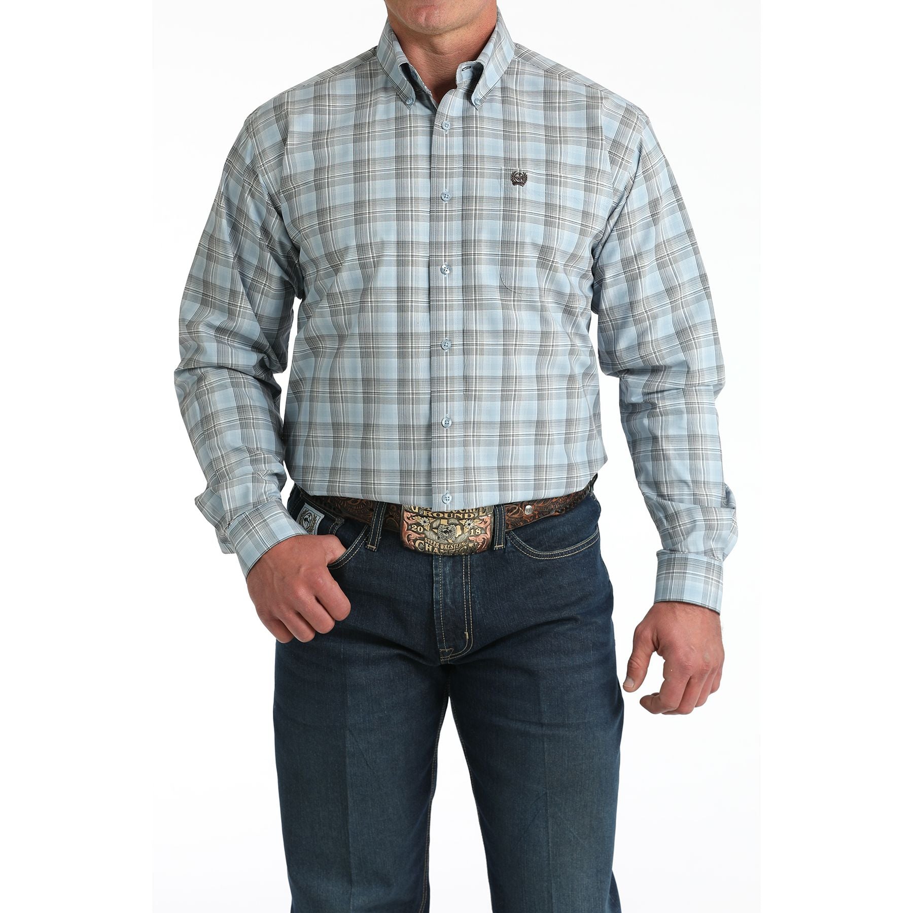 Men's Cinch Light Blue Plaid Long Sleeve Shirt MTW1106000