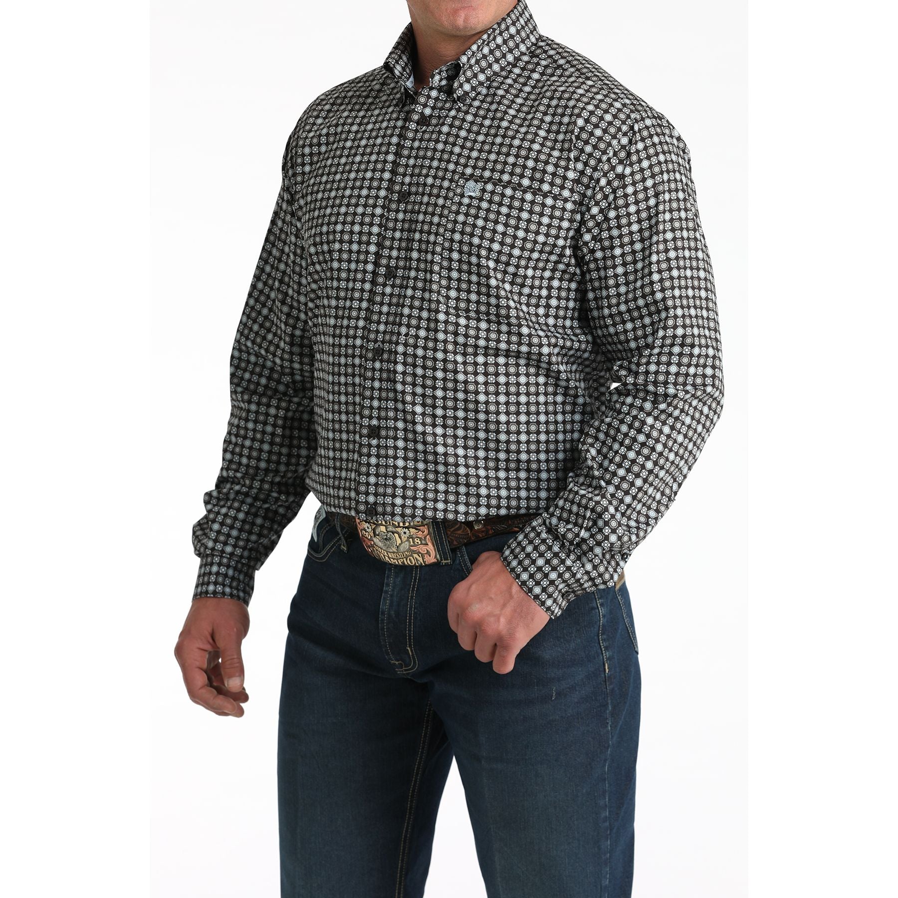 Men's Cinch Brown Geometric Print Button Down Shirt MTW1106002