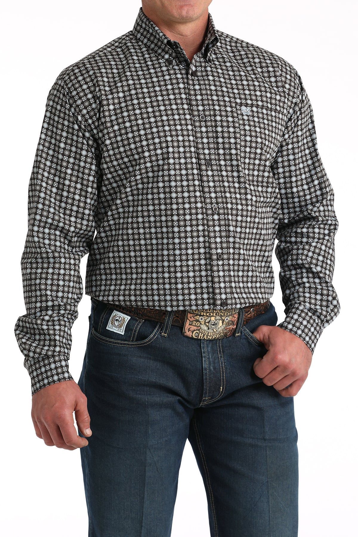 Men's Cinch Brown Geometric Print Button Down Shirt MTW1106002