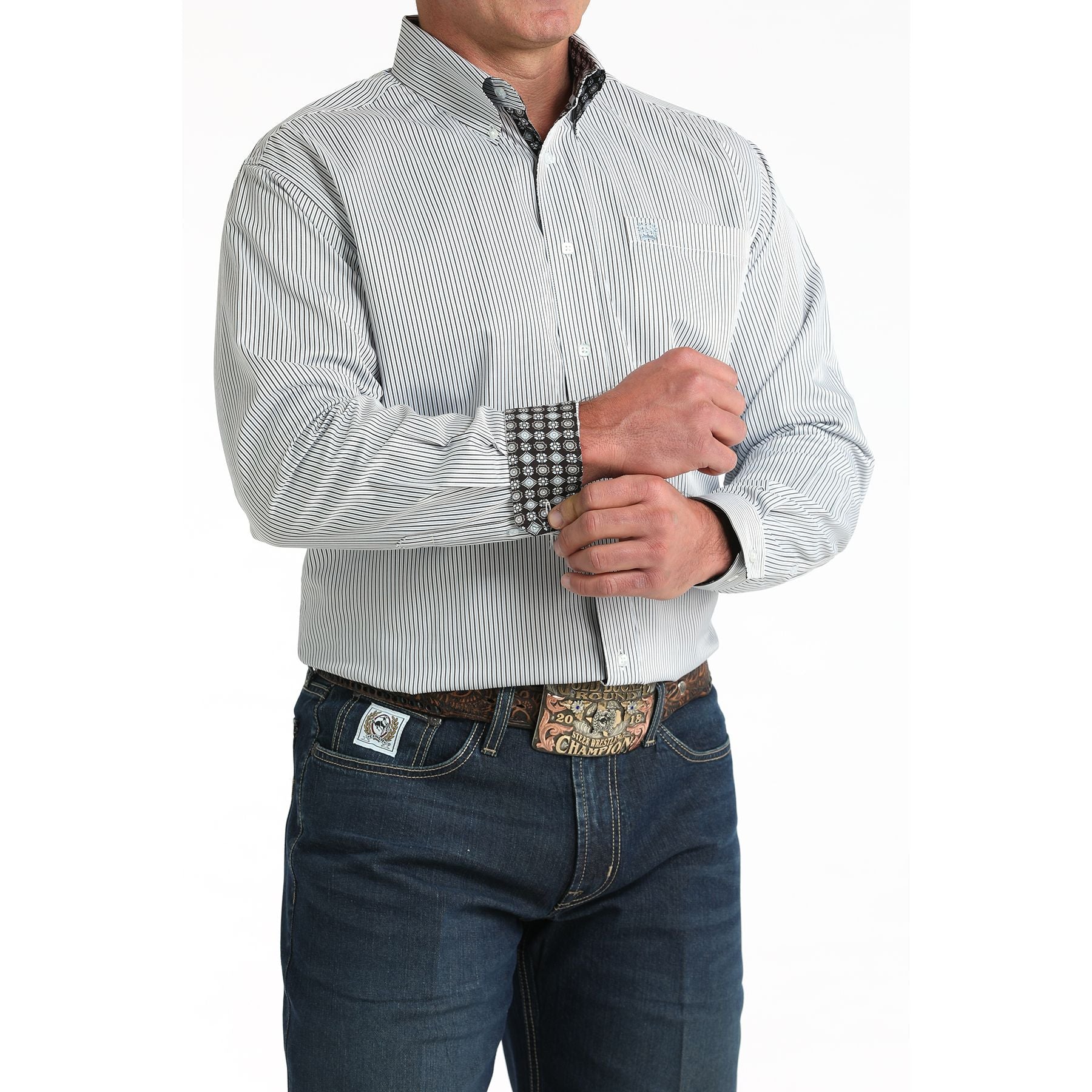 Men's Cinch White Stripe Long Sleeve Button Shirt MTW1106003